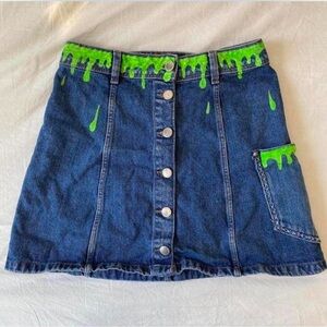 H&M Blue Denim Skirt with Green Drip Design